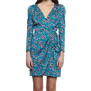 $415 The Kooples Teal Rock Roses Long Sleeve Wrap Dress XS NWT